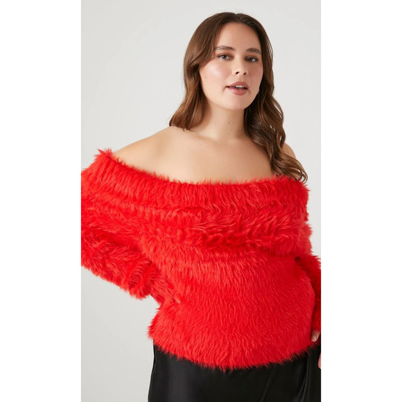 Forever 21 Red Faux Fur Off Shoulder Sweater NEW - Picture 1 of 6